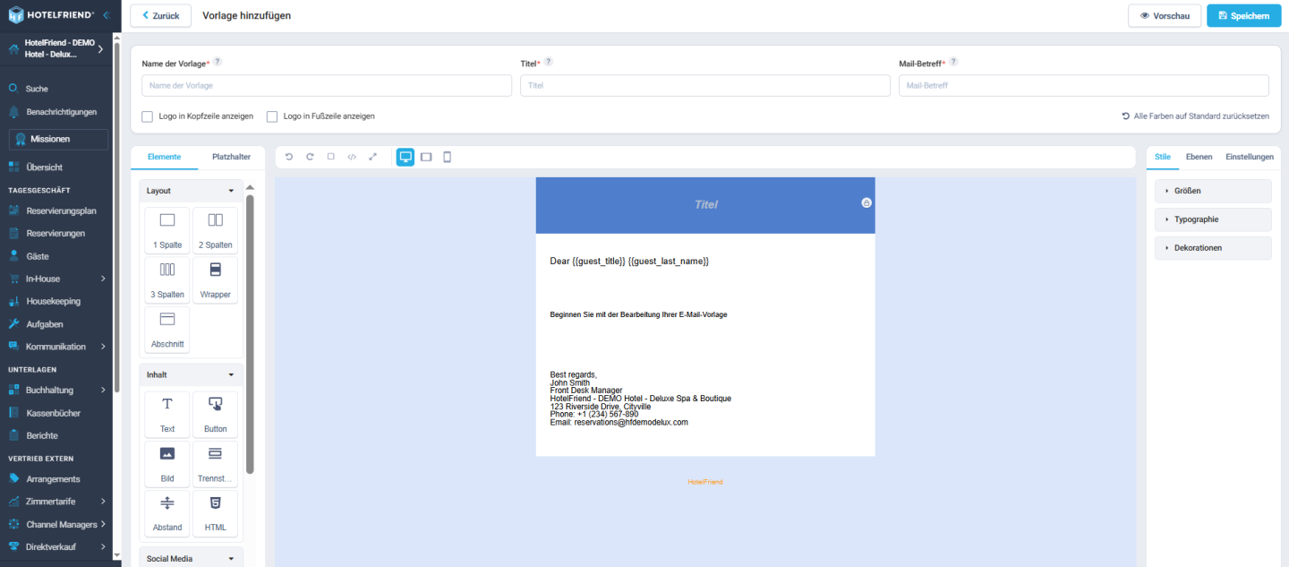 Email Template Constructor mit Elementen, Platzhaltern, Stilen, Ebenen und Einstellungen