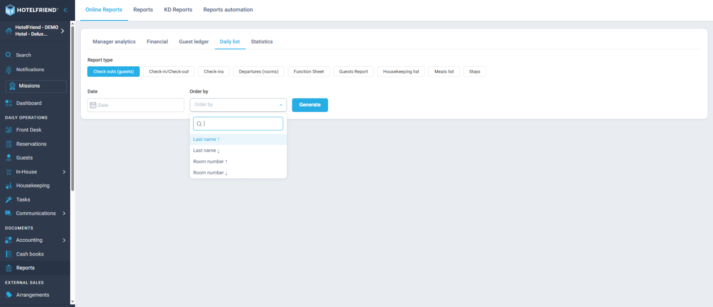 Check-outs report: sort by last name or room numbe