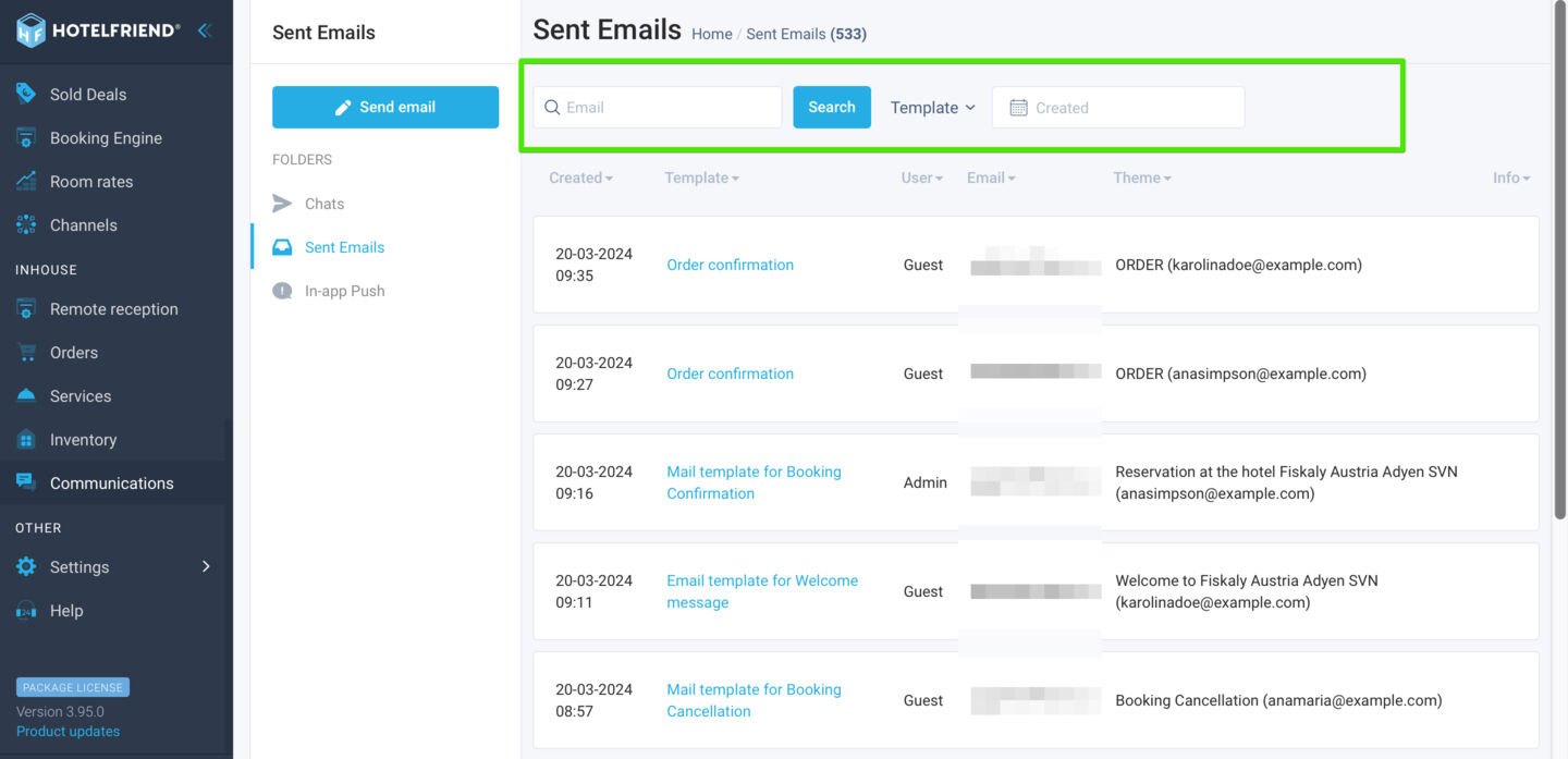 Enhanced filtering and navigation in the Sent Emails tab