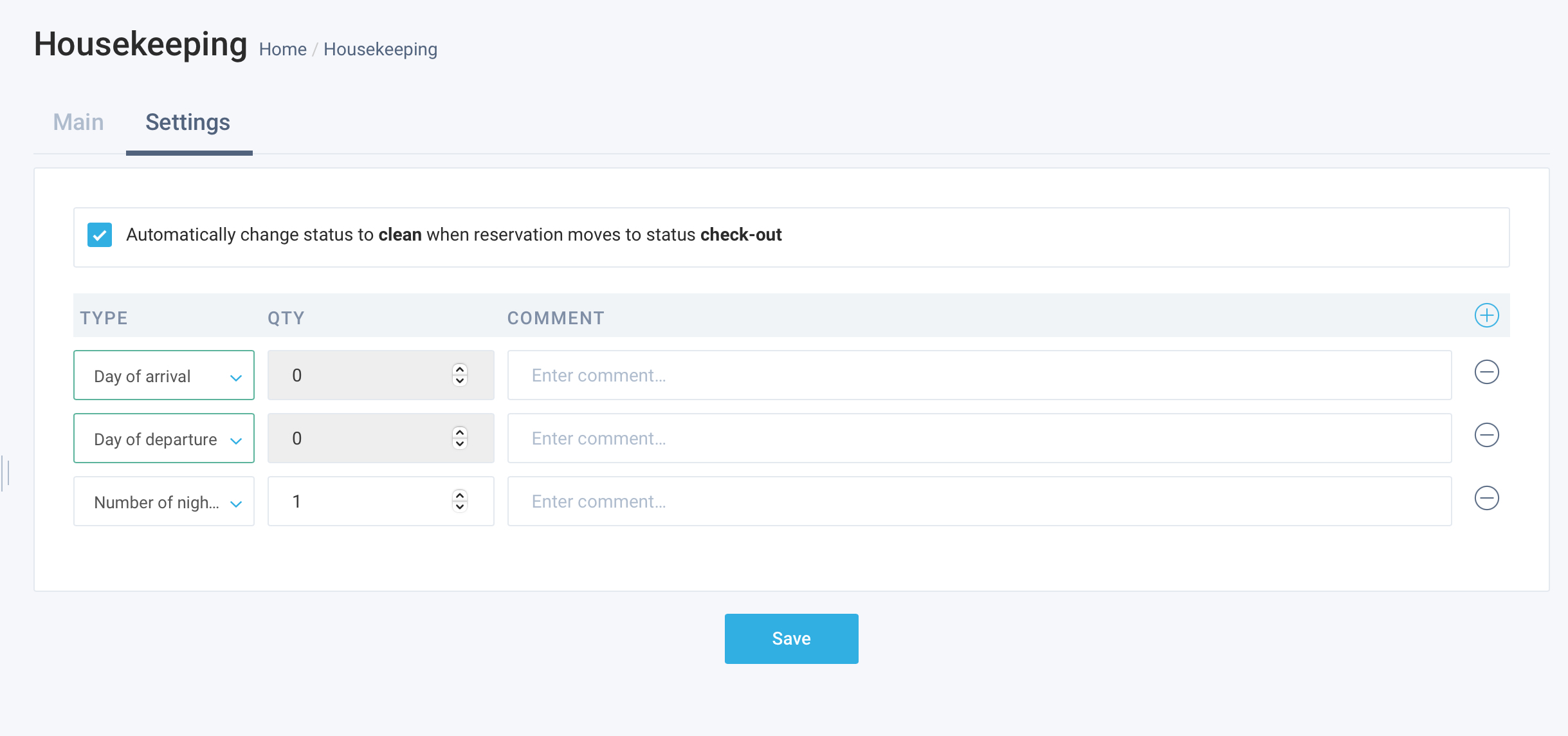 Settings tab in the Housekeeping module