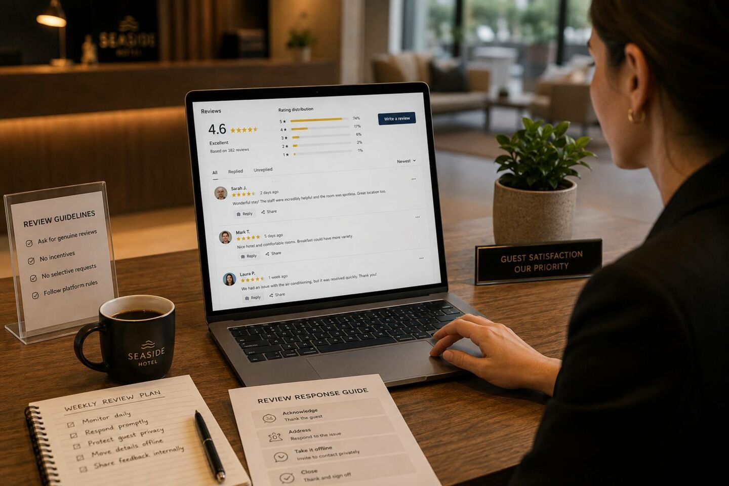 Manage reviews as public guest communication