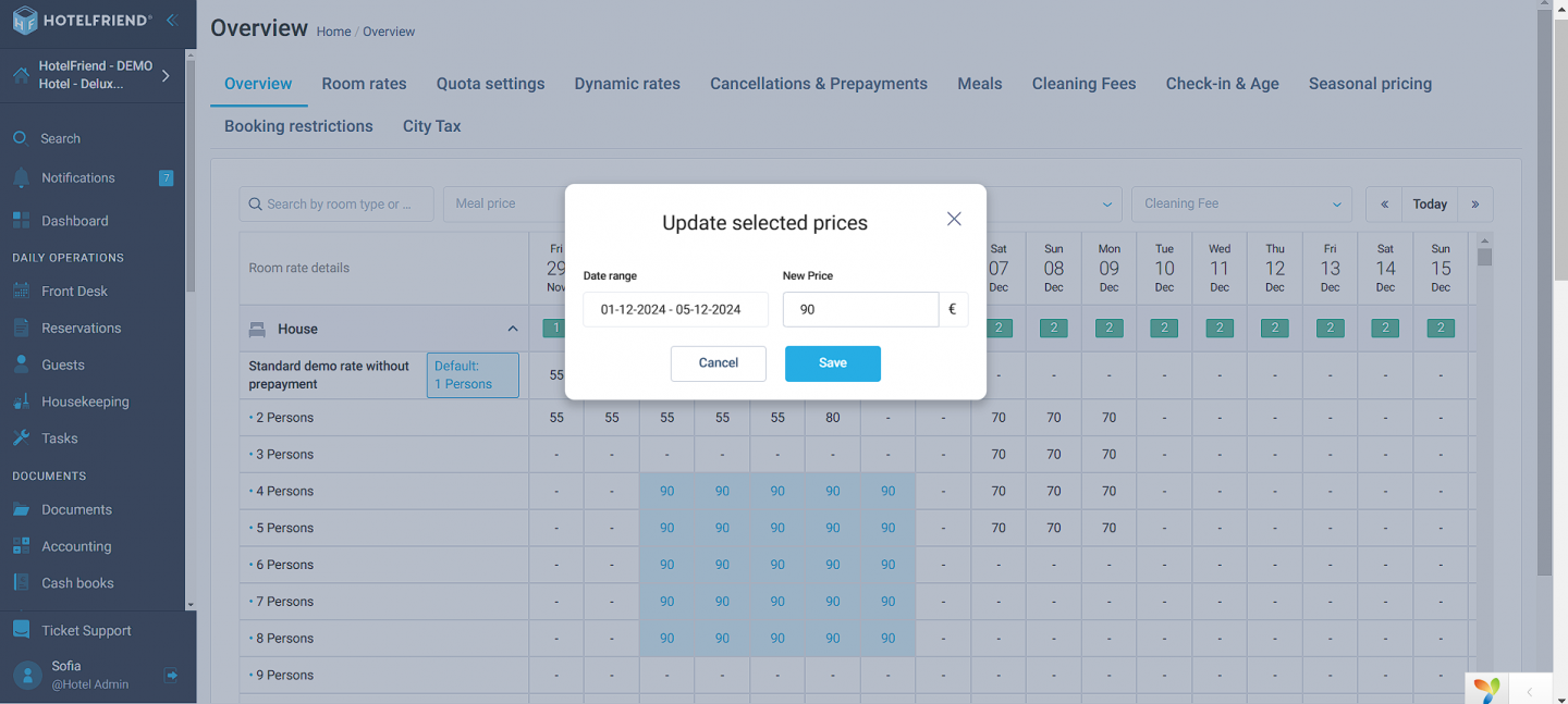 Easy Room Rate adjustments with multi-selection