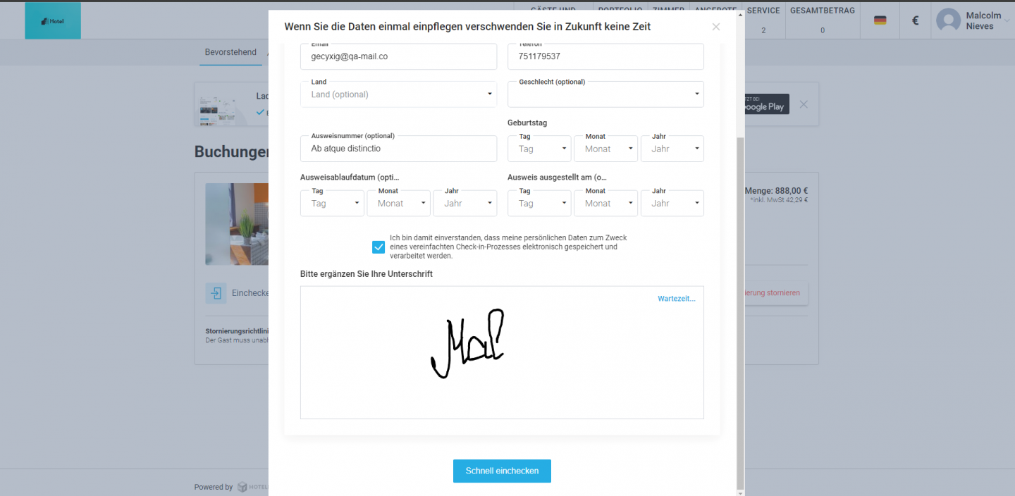 Automatische Speicherung der Unterschrift beim Self Check-In