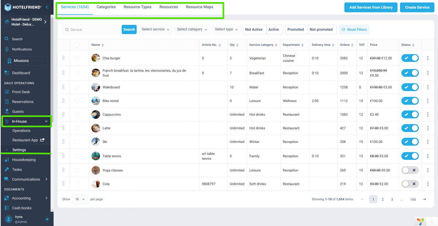 The Settings section includes settings for Services, Categories, Resource Types, Resources, and Resource Maps.