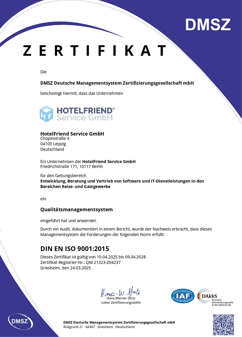 HotelFriend Service GmbH Achieves ISO 9001 Certification