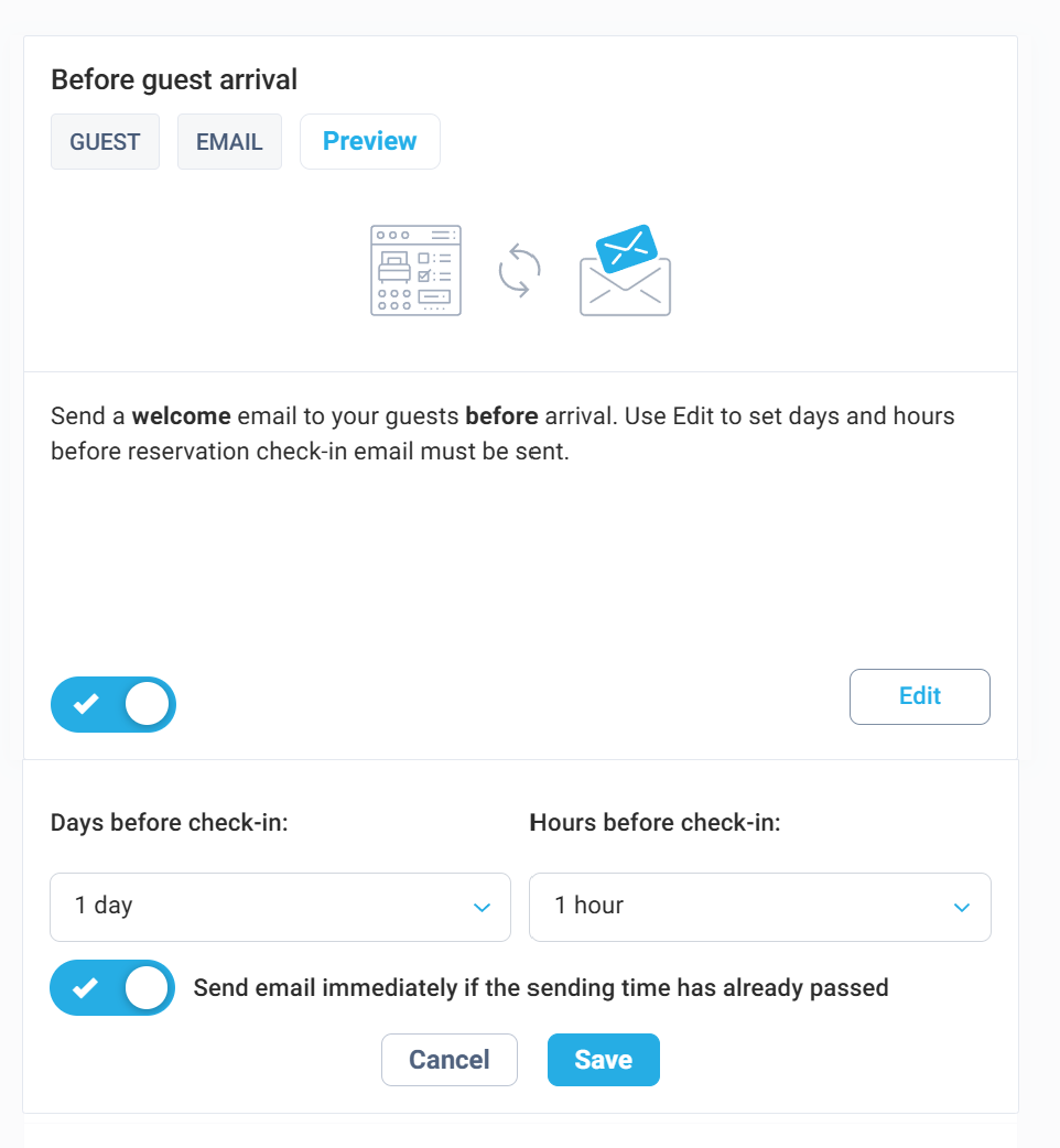 Before Guest Arrival automation with immediate email setting
