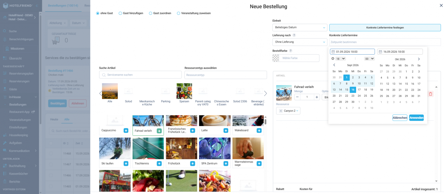 Auswahl eines Datumsbereichs für beliebige Daten im Dialog Neue Bestellung