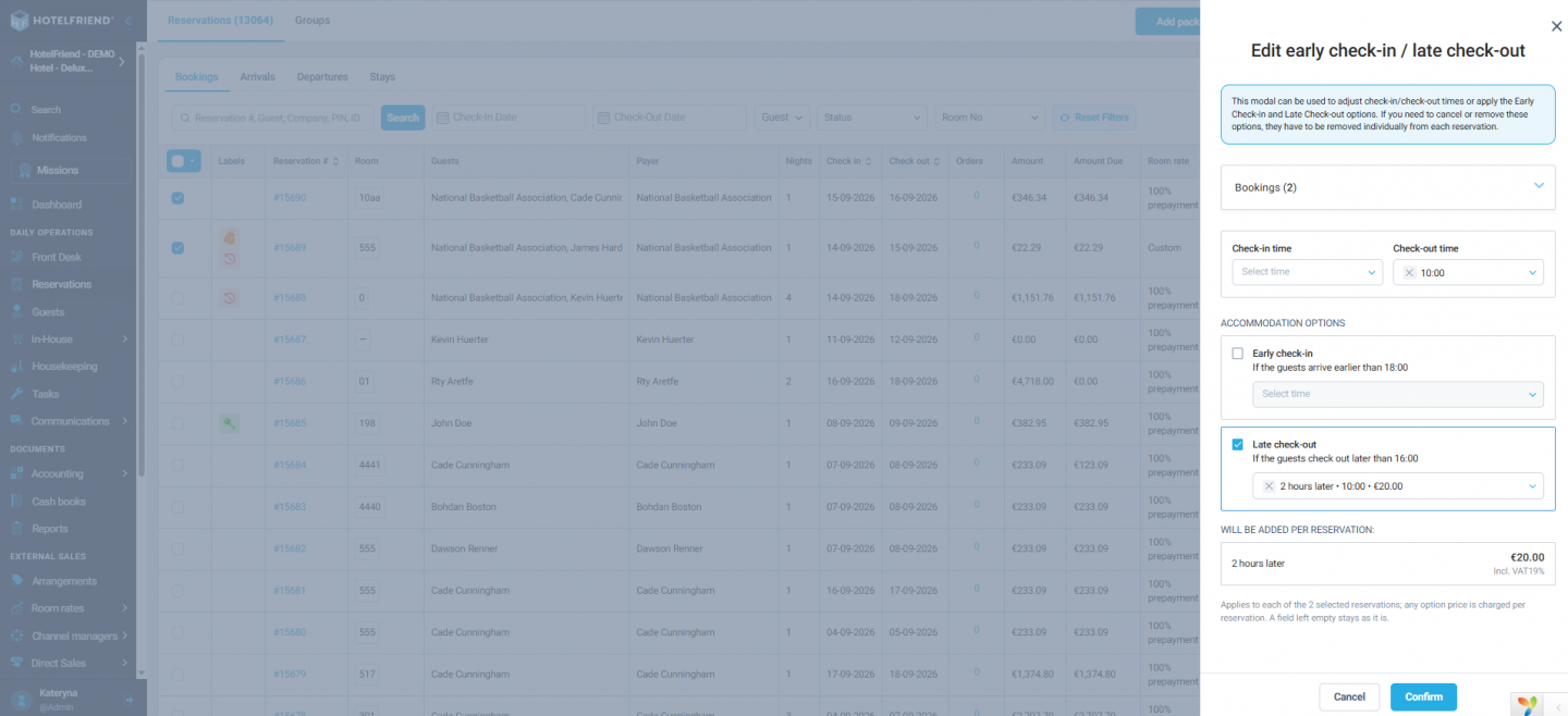 Early Check-in and Late Check-out settings for multiple reservations