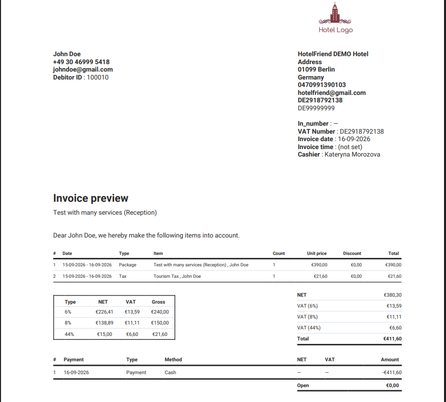 Invoice preview showing a package as one line with a single total