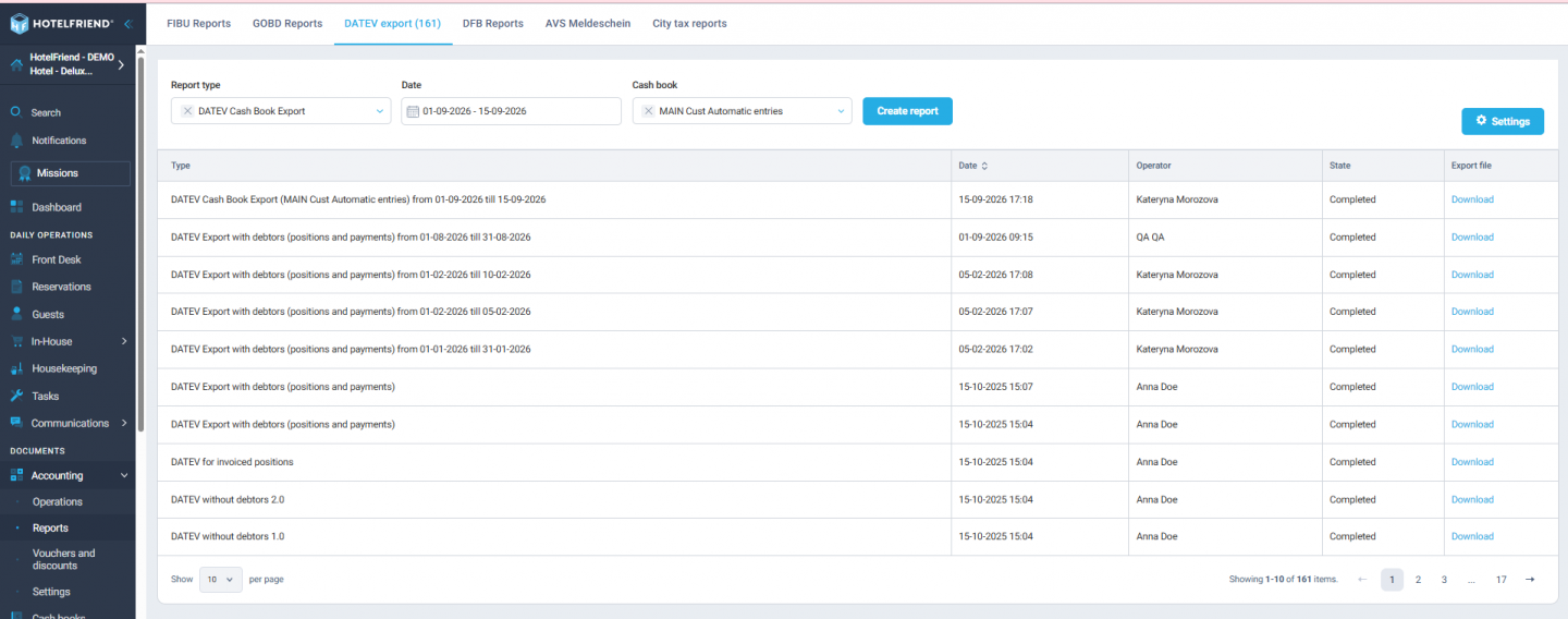 DATEV Cash Book Export in HotelFriend Accounting Reports