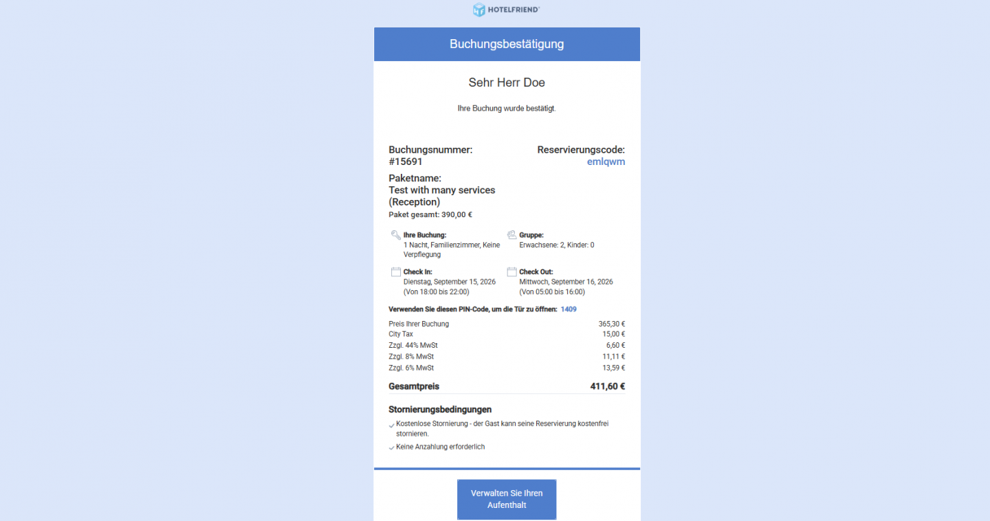 Buchungsbestätigung mit einem Paket als Gesamtposition