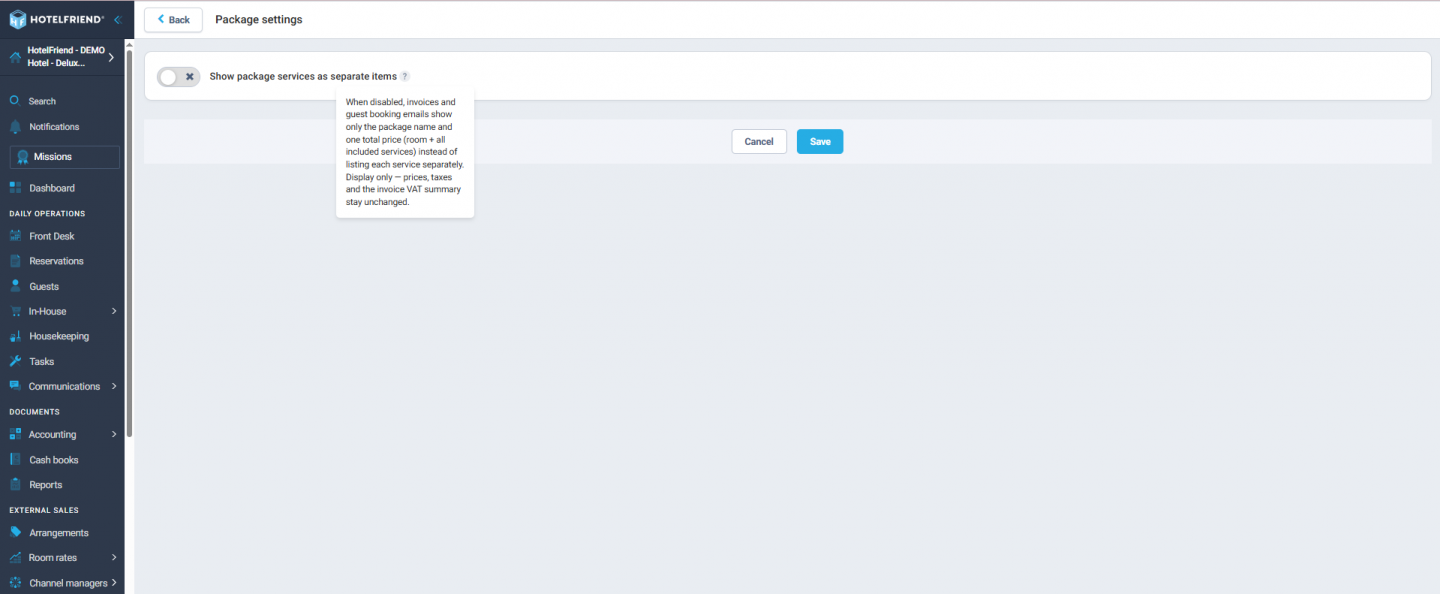 Package settings with the Show package services as separate items option
