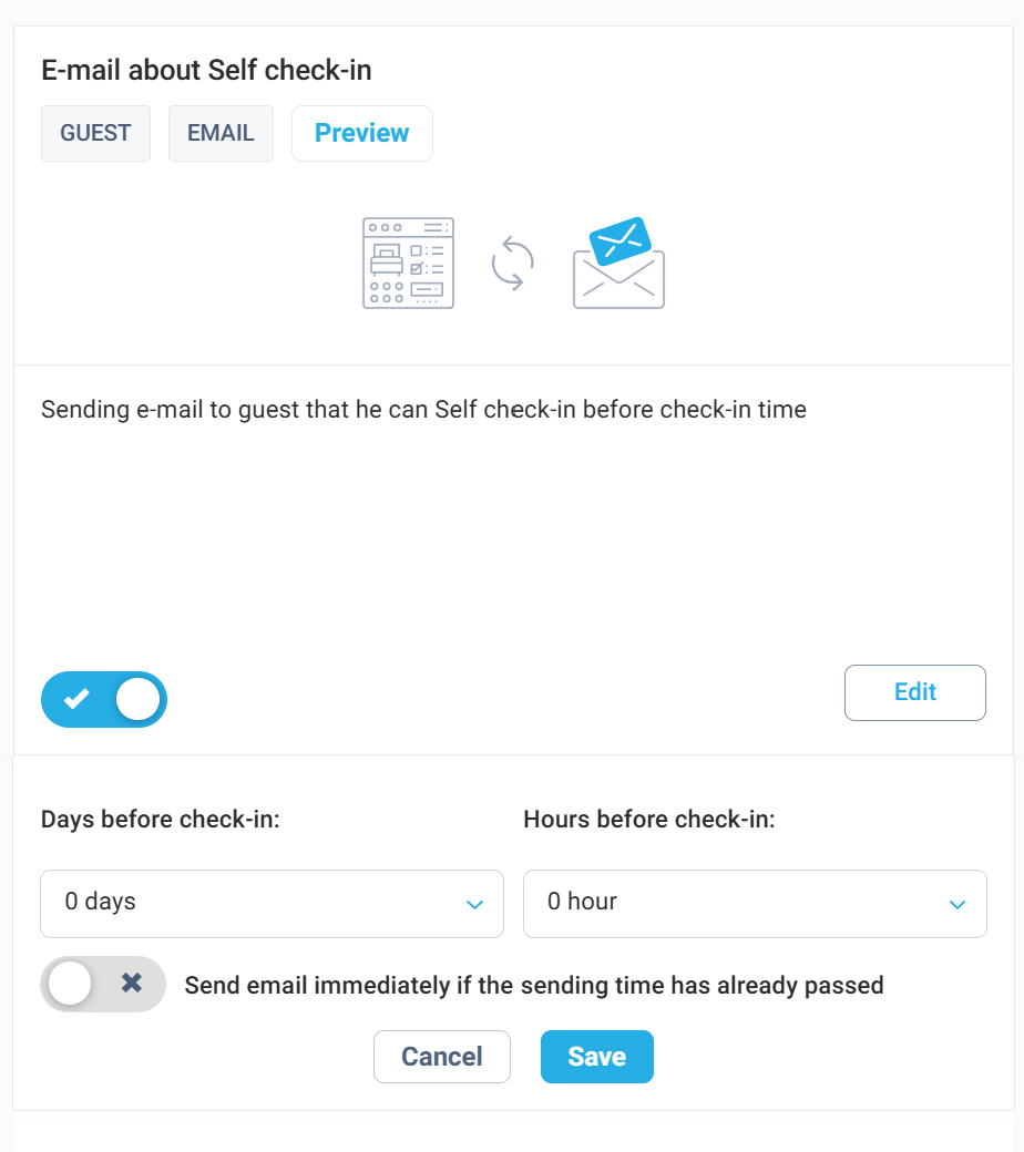 Self Check-in email automation with immediate sending option