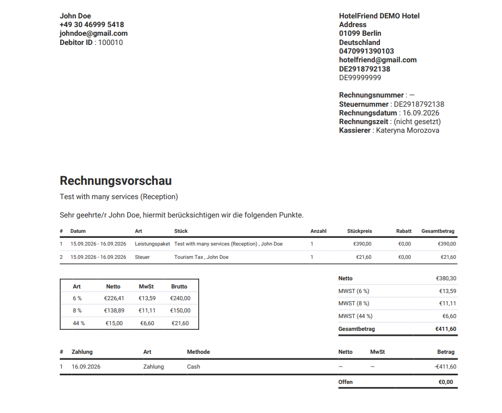 Rechnungsvorschau mit einem Paket als einzelne Position und Gesamtbetrag
