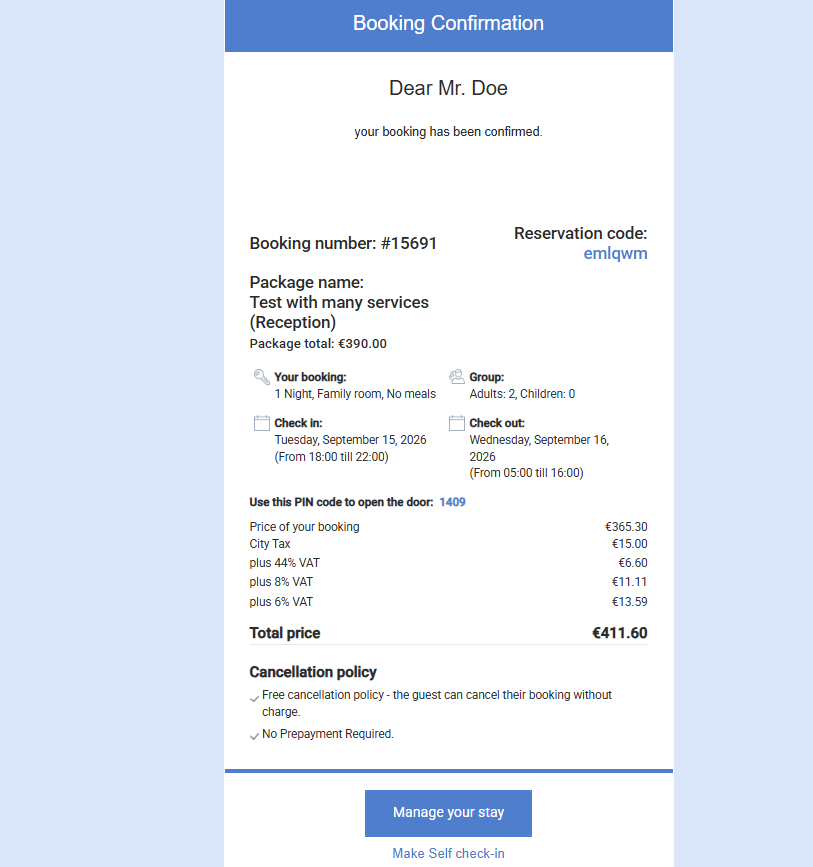 Booking confirmation showing a package as one total