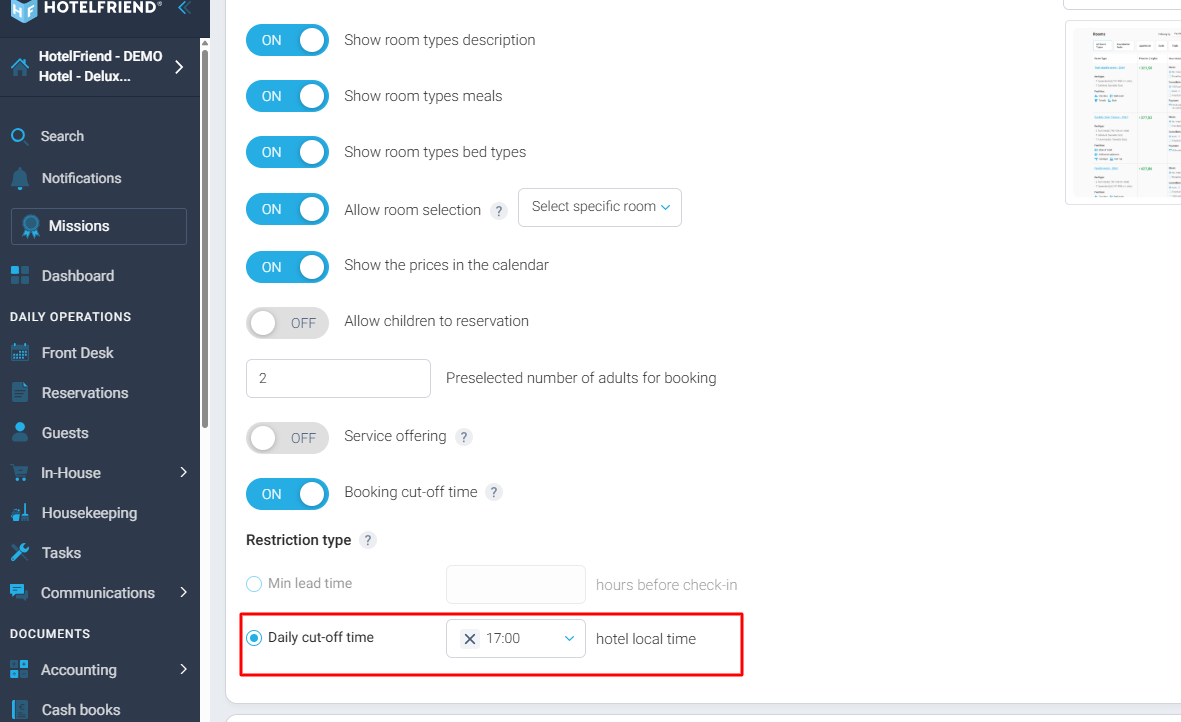 Booking cutoff time settings in Booking Engine