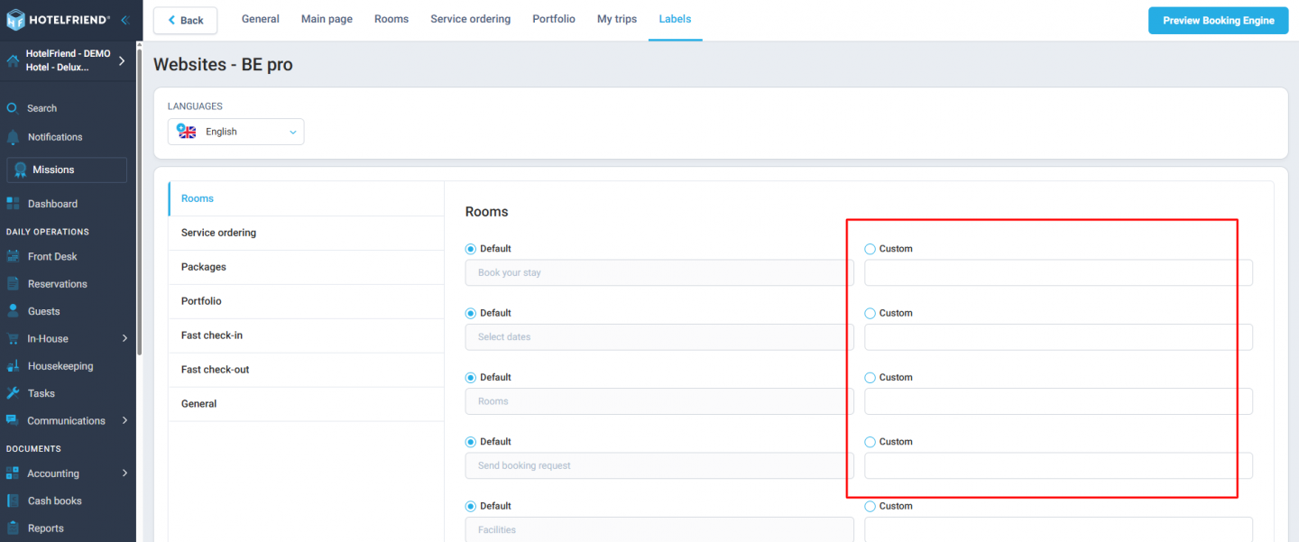 BE Pro website label values managed from the Portal