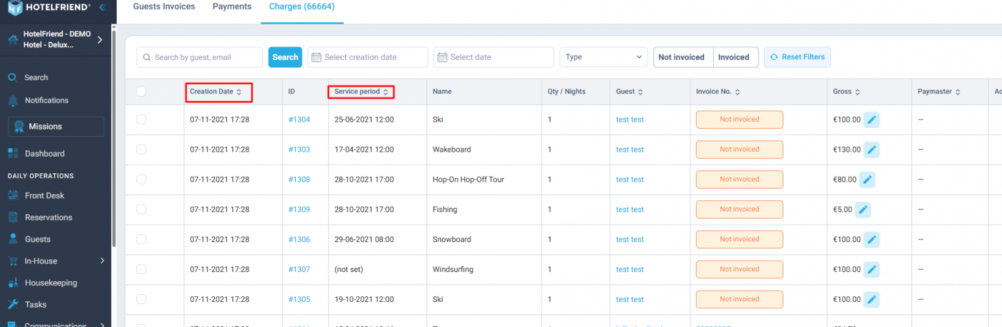 Not invoiced charges sorted and filtered by service date