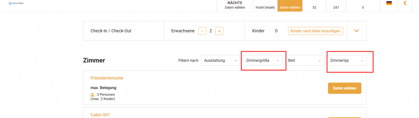 Mehrfachauswahl für Bereichs- und Zimmertypfilter in der Booking Engine