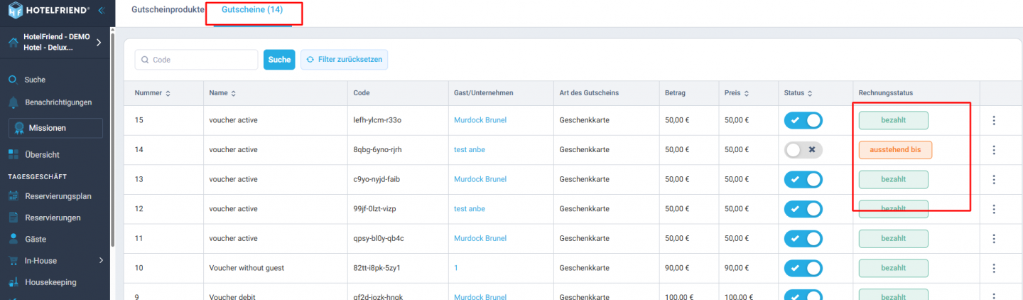 Zahlungsstatus einer Gutscheinrechnung