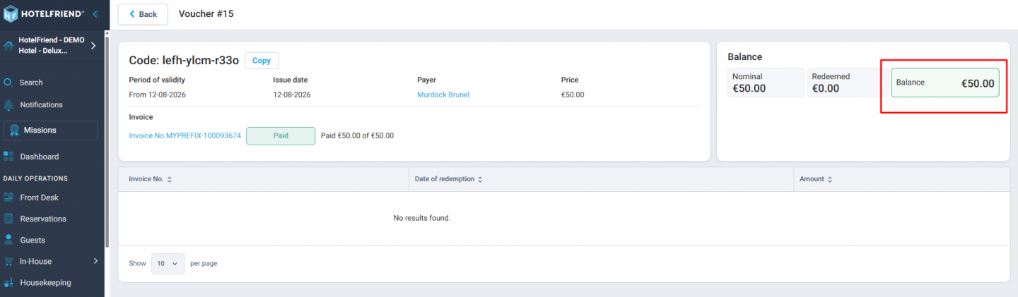Voucher balance and activation status after payment