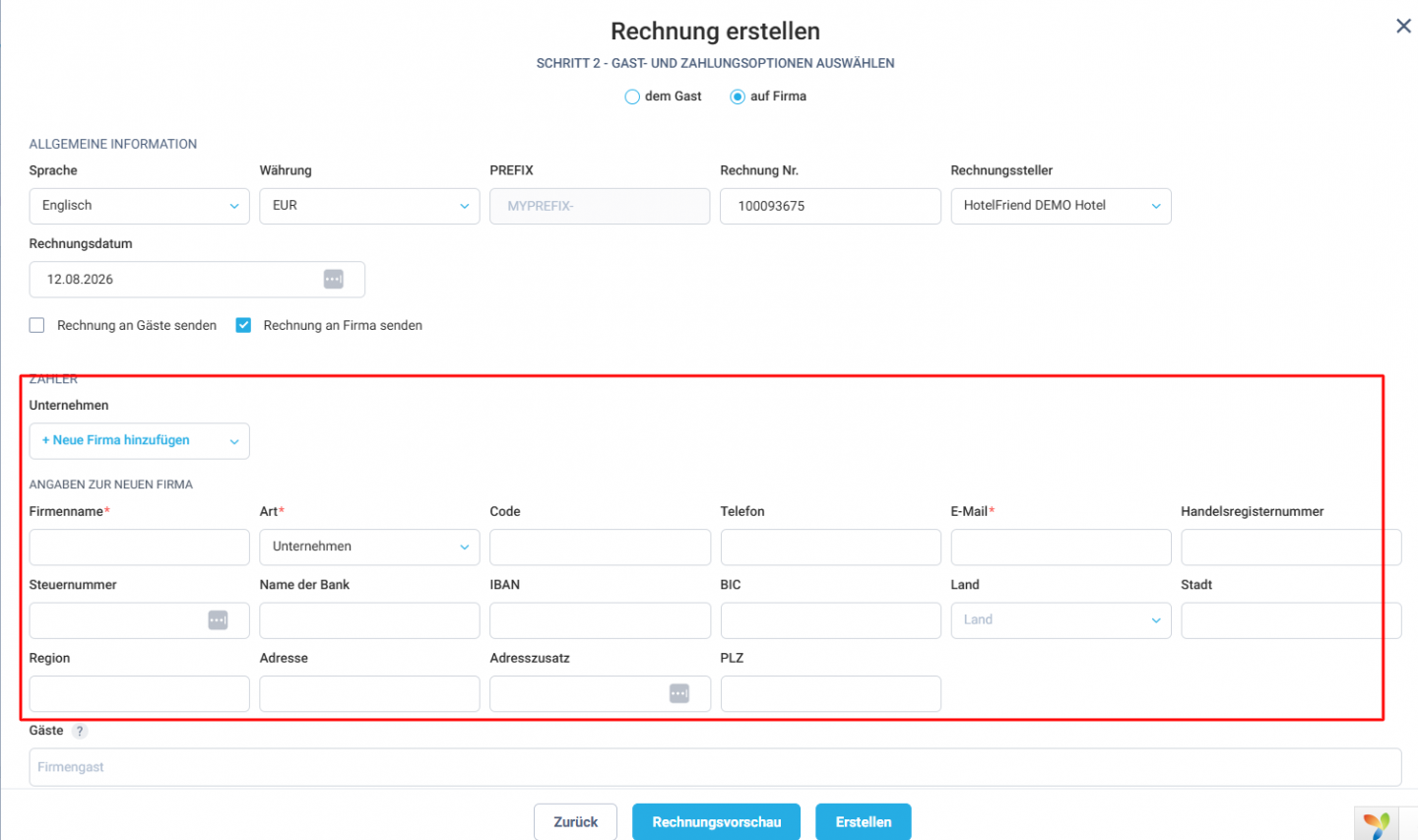 Firmenprofil während der Rechnungserstellung anlegen