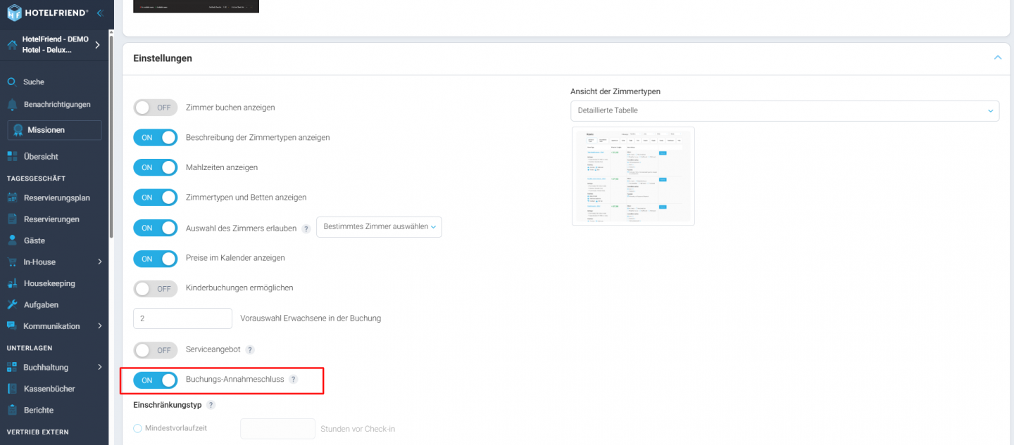Einstellungen zur Buchungsstichzeit in der Booking Engine