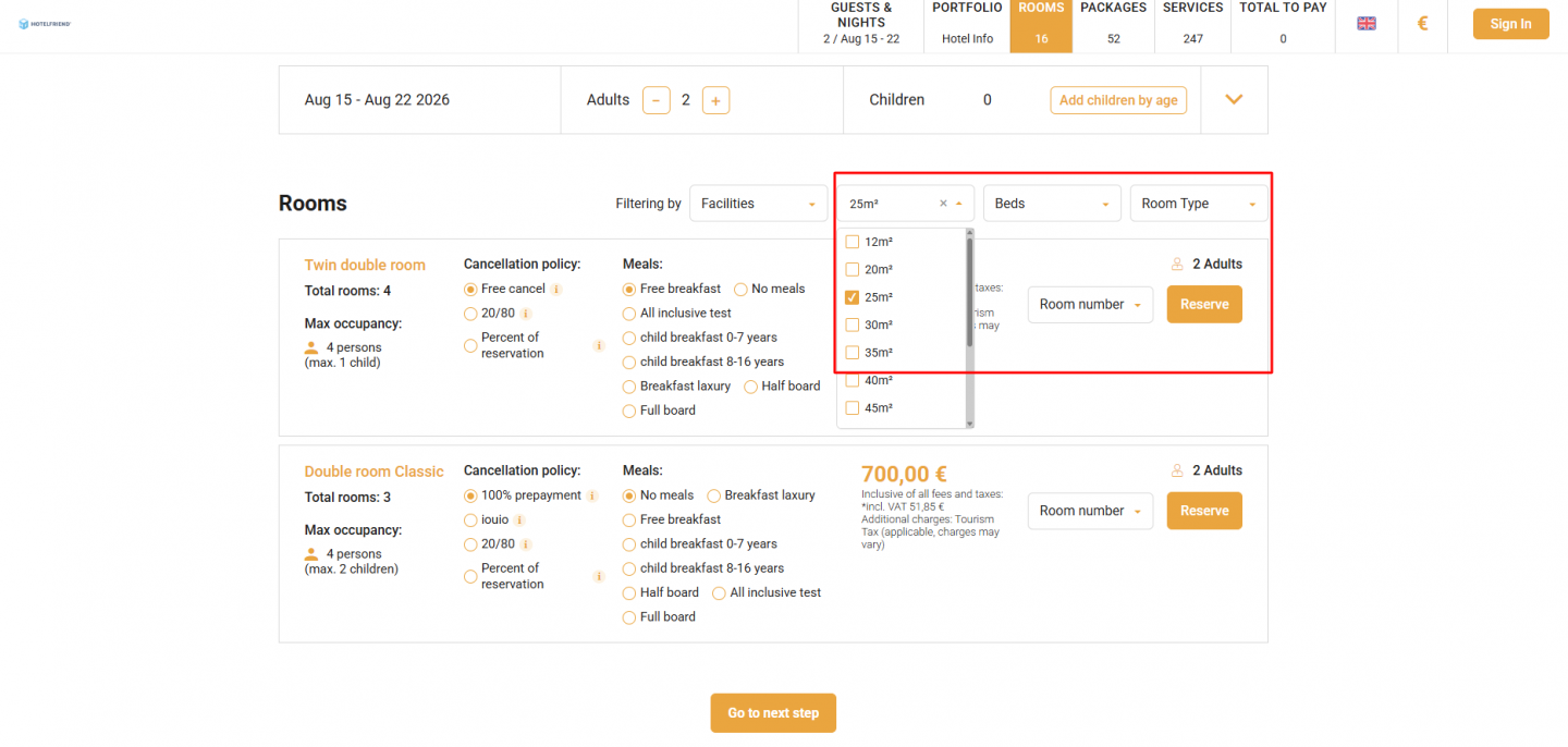 Multi-select Area and Room Type filters in Booking Engine