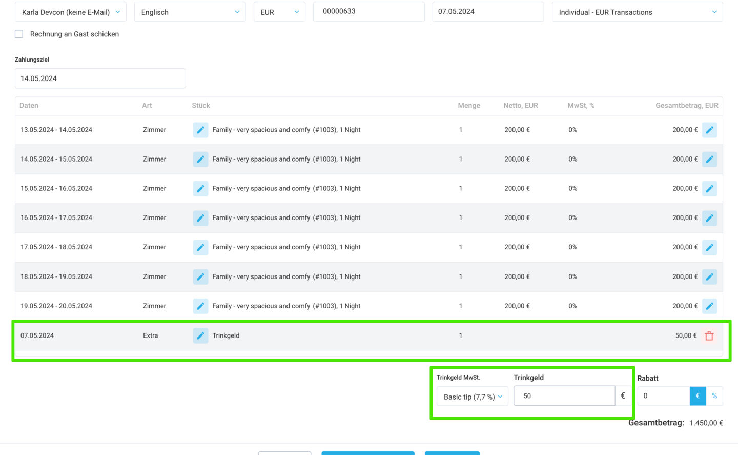 Einfügen von Trinkgeldern mit Standard- oder anpassbaren Mehrwertsteuersätzen in Rechnungen