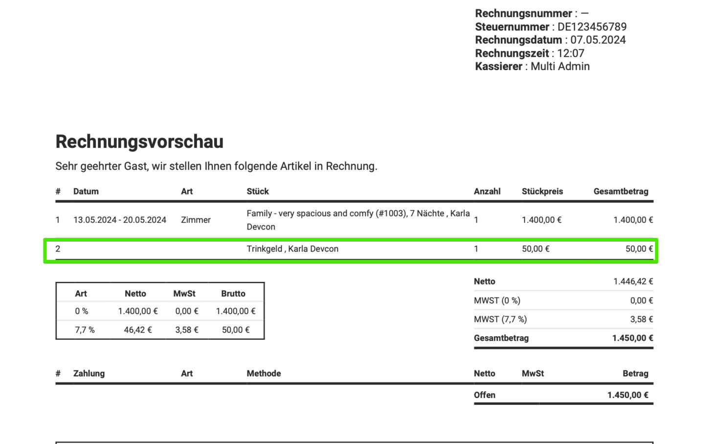 Einfügen von Trinkgeldern mit Standard- oder anpassbaren Mehrwertsteuersätzen in Rechnungen