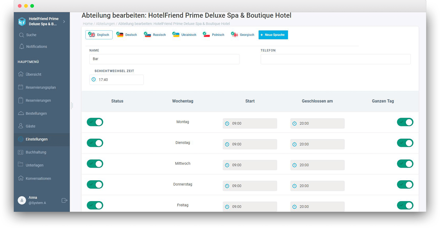 Übersetzung von Abteilungen hinzugefügt - HotelFriend Portal