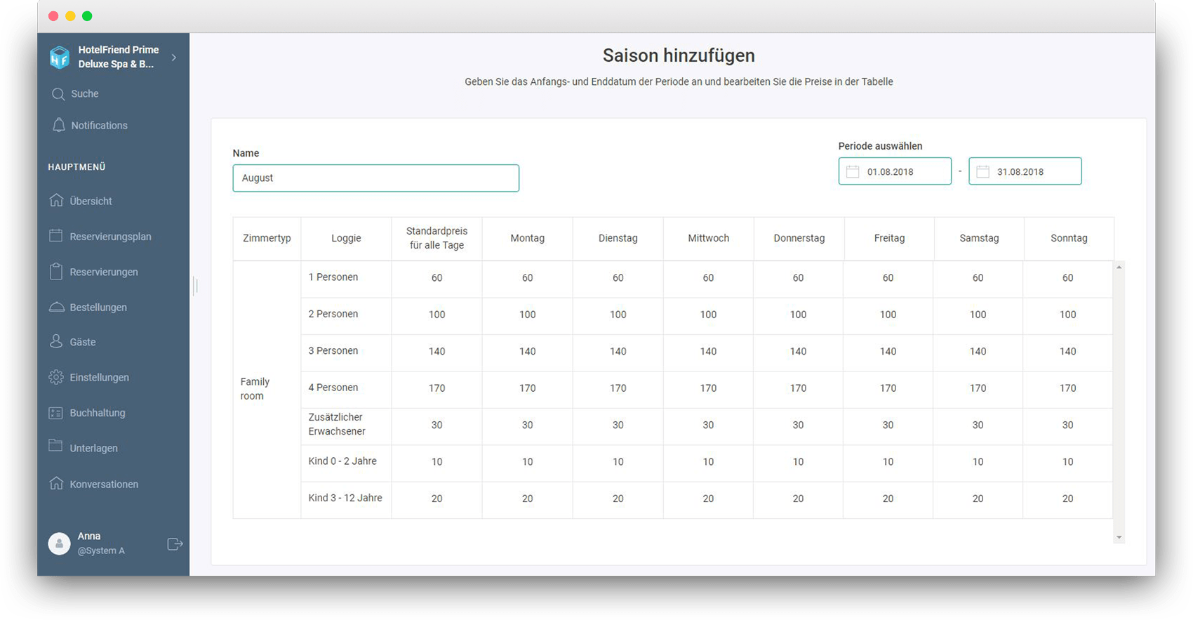 Man kann die Saisonpreise in jedem Zimmertarif - HotelFriend Portal