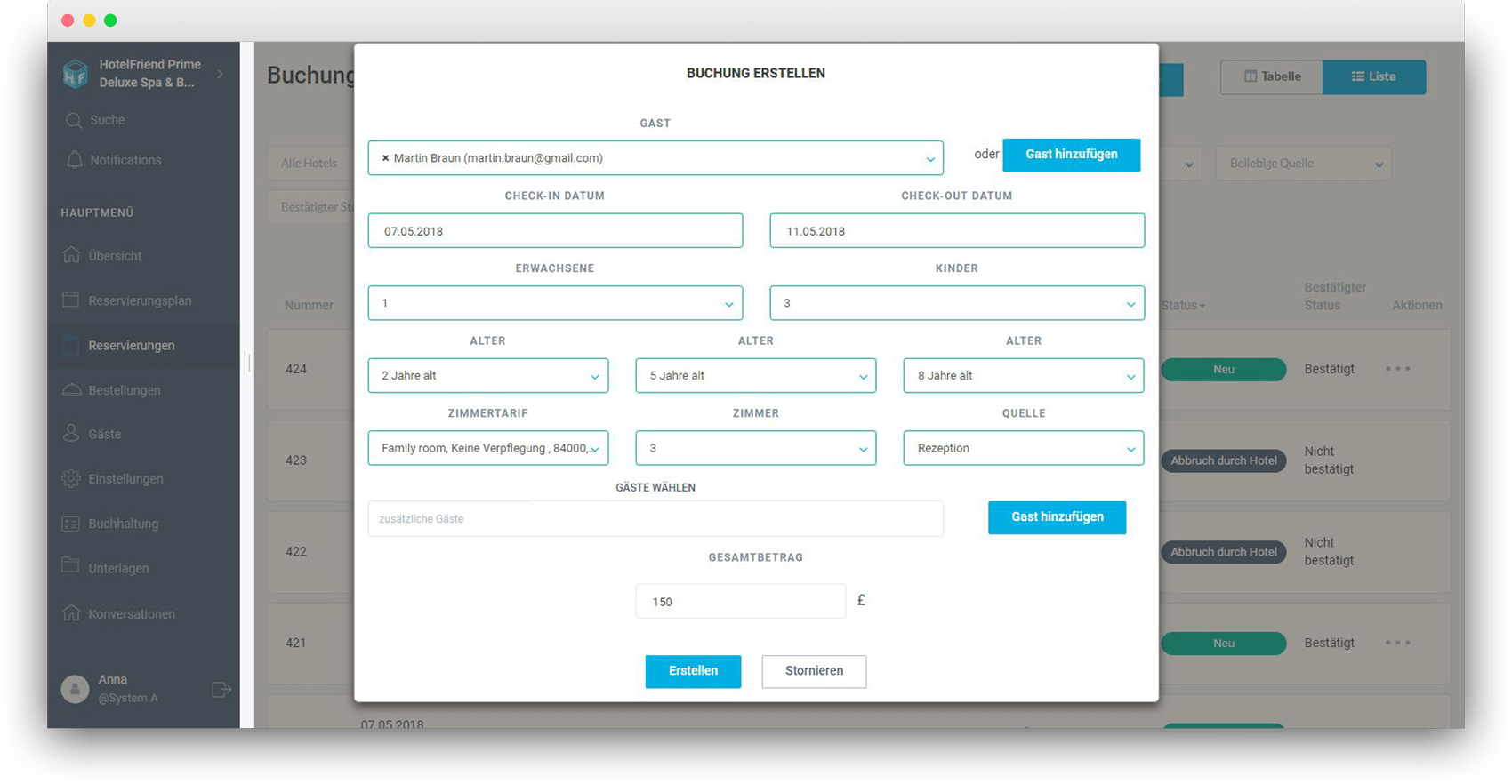 Das Alter jedes Kindes bei der Erstellung der Buchung festzulegen - HotelFriend Portal