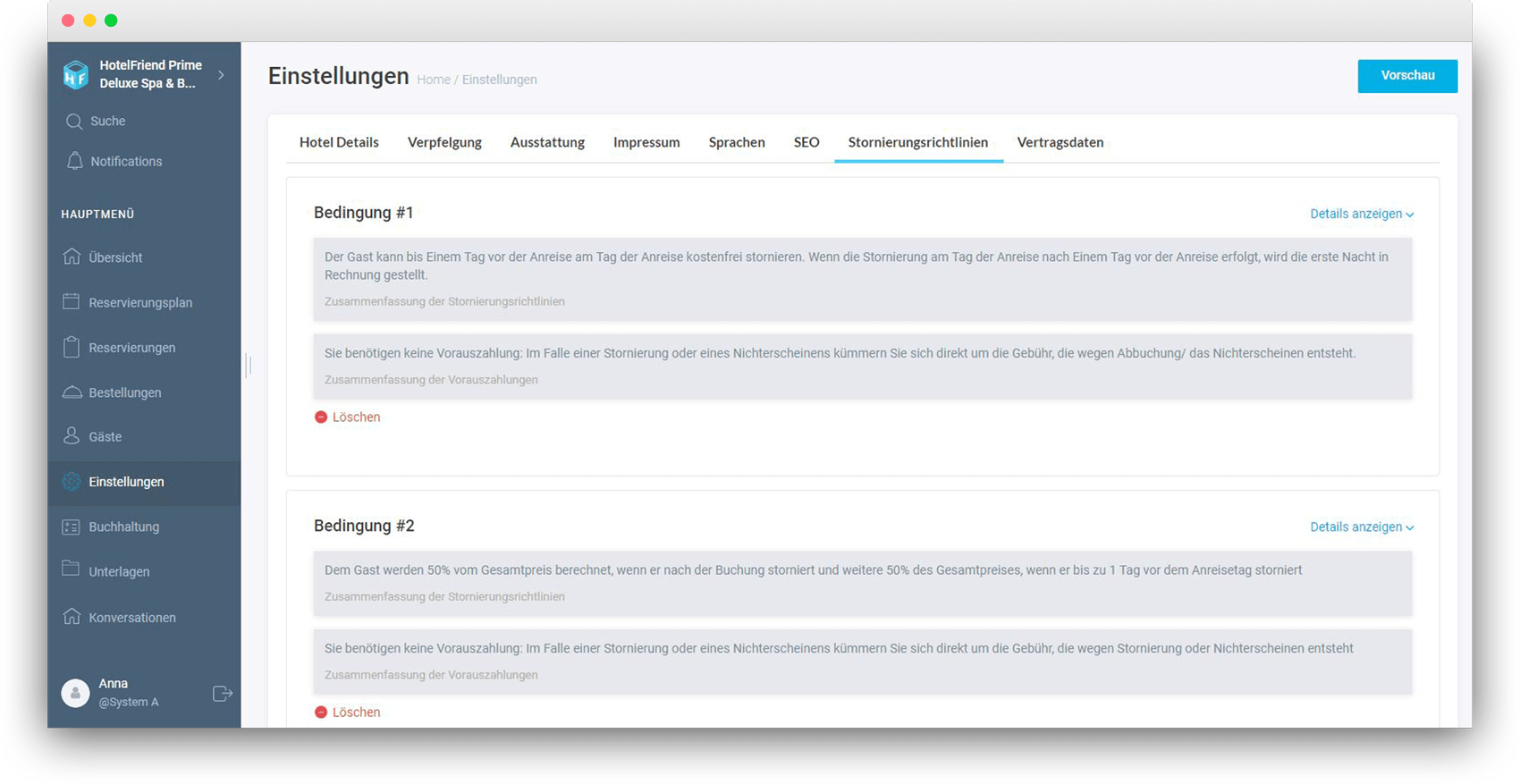 Verbesserte Konfigurationen für Stornierungs- und Vorauszahlungsrichtlinien - HotelFriend Portal