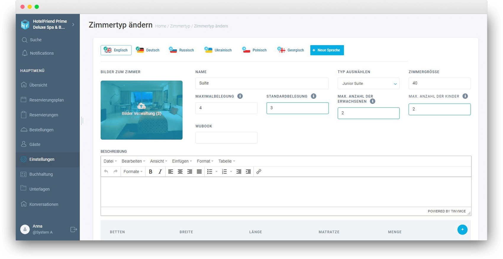 Die Einstellungen des Zimmertyps wurden durch die Option der Zimmerbelegung ergänzt - HotelFriend Portal