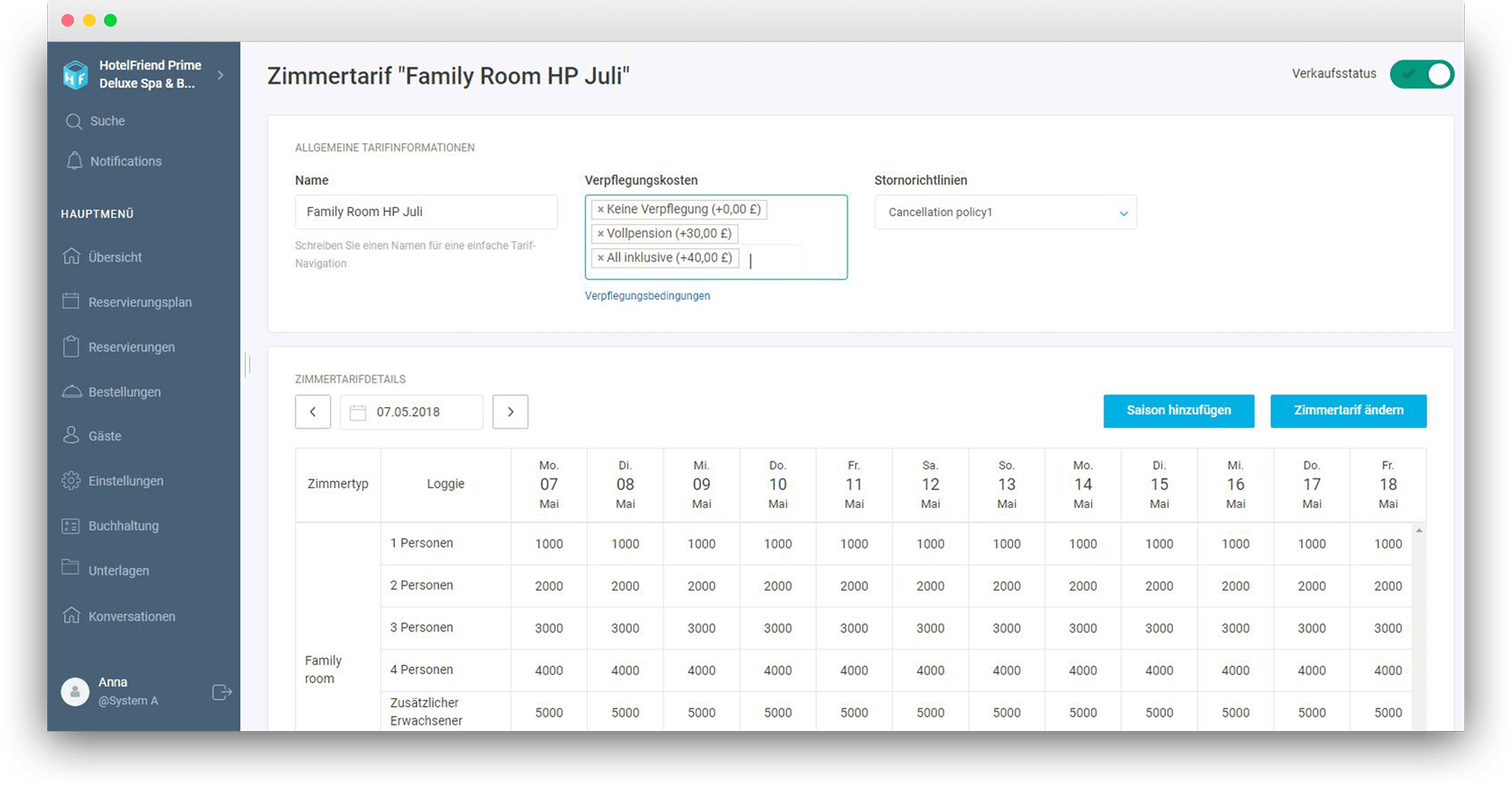 Möglichkeit, Stornierungs- und Vorauszahlungsbedingungen in den Zimmerpreisen zu wählen - HotelFriend Portal