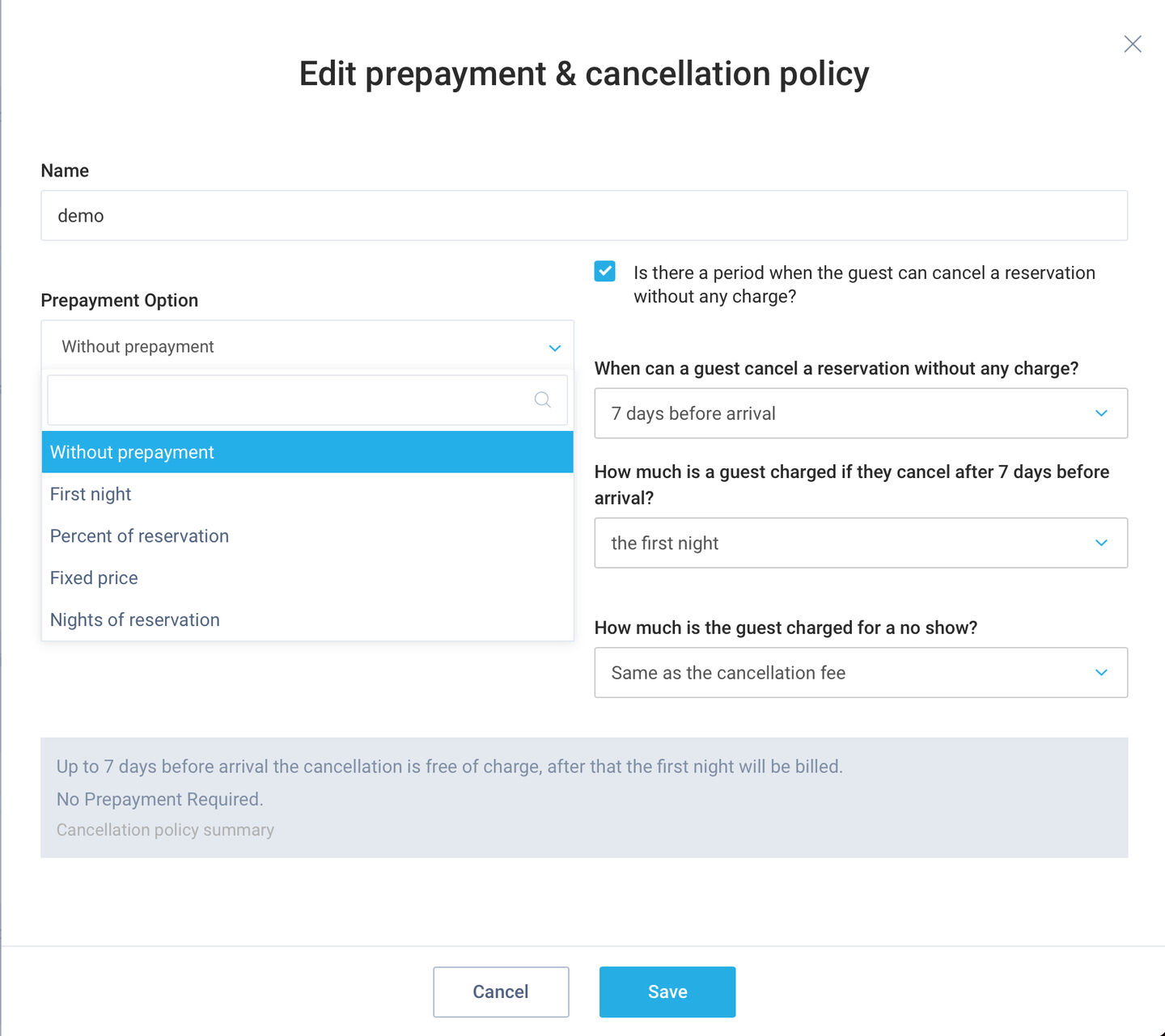 Improved Cancellation Policy by adding prepayment policy setting