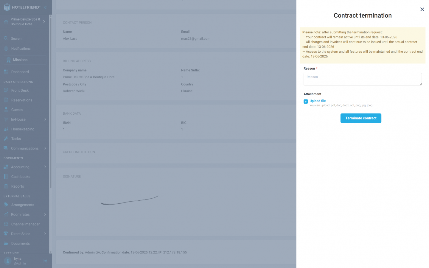 Contract termination in Billing module