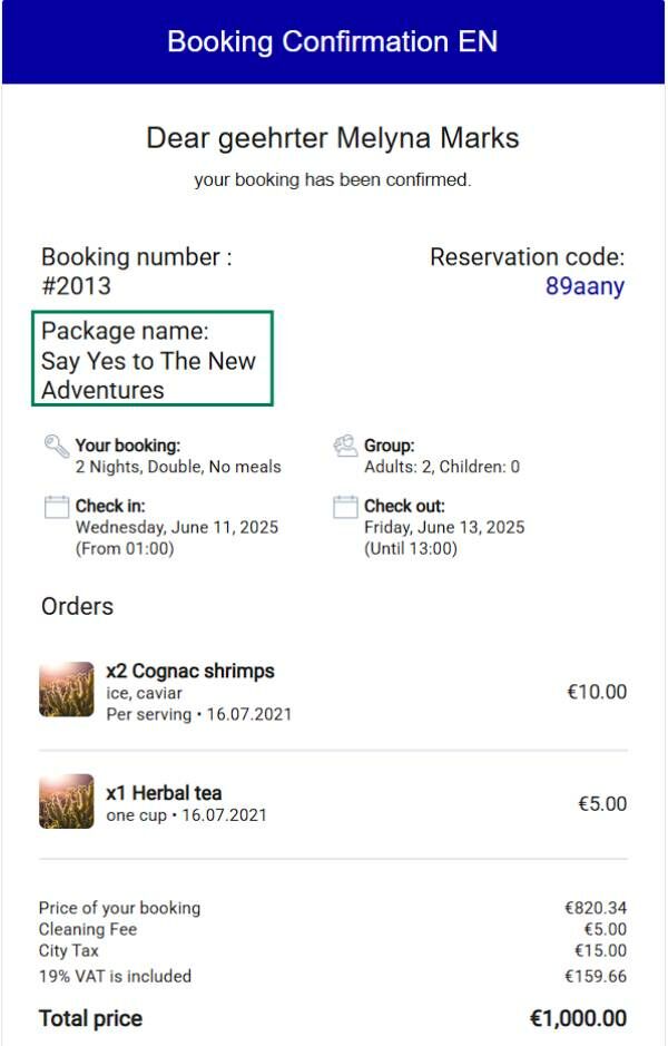 Deal name displayed in Reservation module and confirmation emails