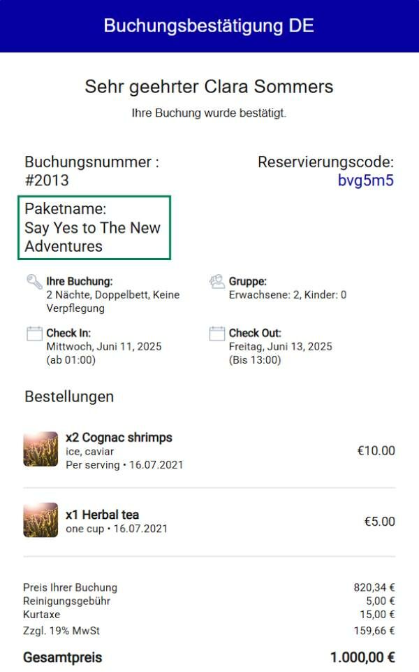 Angebotsname in der Reservierungsmaske und Bestätigungsmail sichtbar