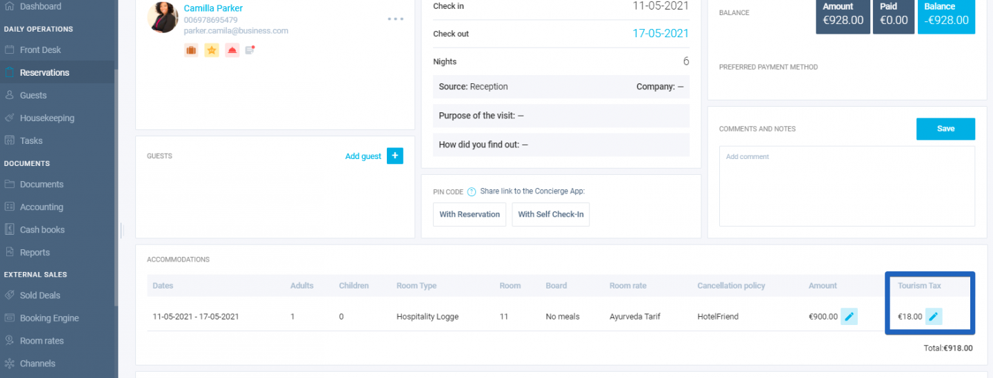 City tax information is displayed on all pages of the system that are related to reservations. Also, there is a possibility to change the city tax price on the reservation card.