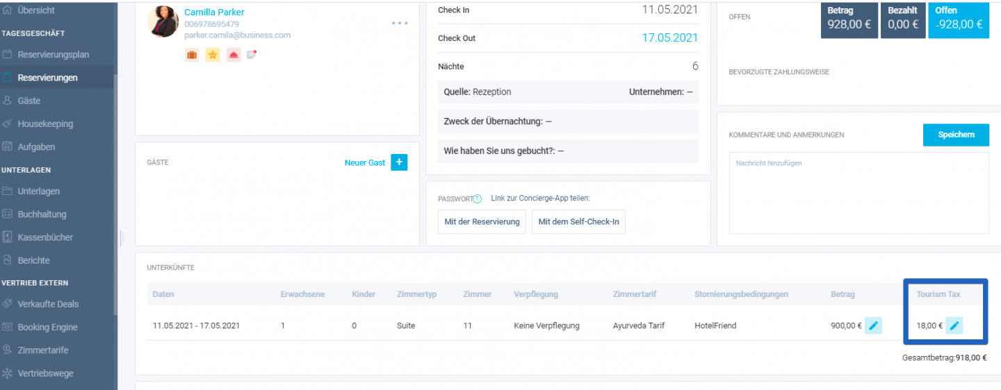 Informationen zur City Tax werden auf allen Seiten des Systems angezeigt, die mit Reservierungen in Verbindung stehen.