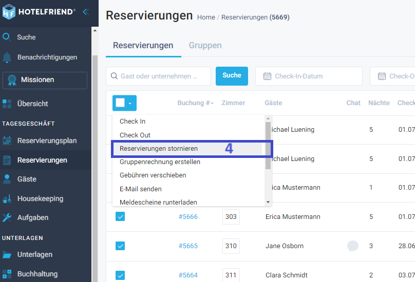 Klicken Sie auf die Dropdown-Liste, um die verfügbaren Vorgänge mit Reservierungen anzuzeigen.