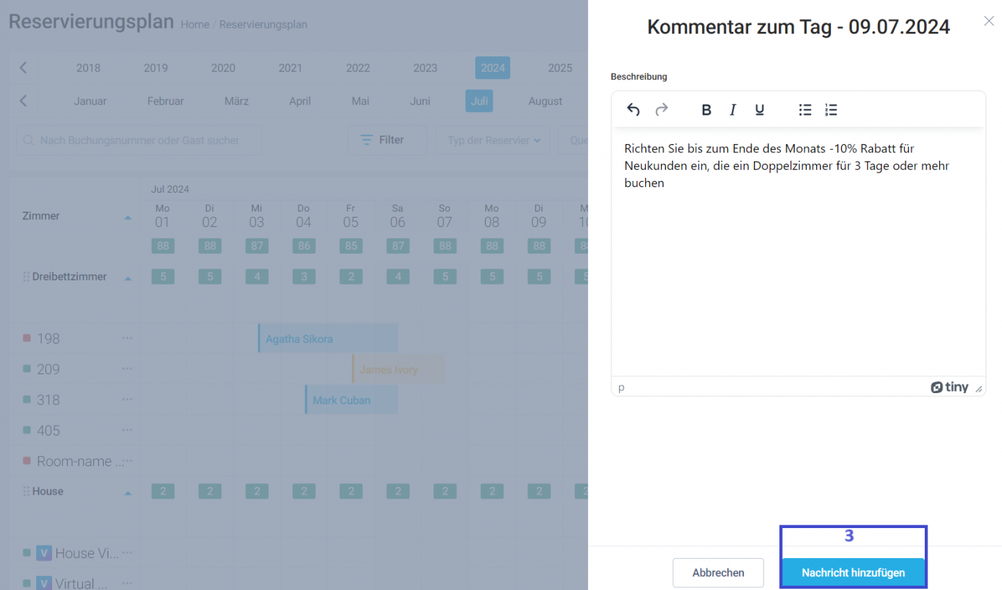 Hinterlassen Sie Ihre Notiz für einen bestimmten Tag und klicken Sie auf Kommentar hinzufügen, um die Notiz zu speichern