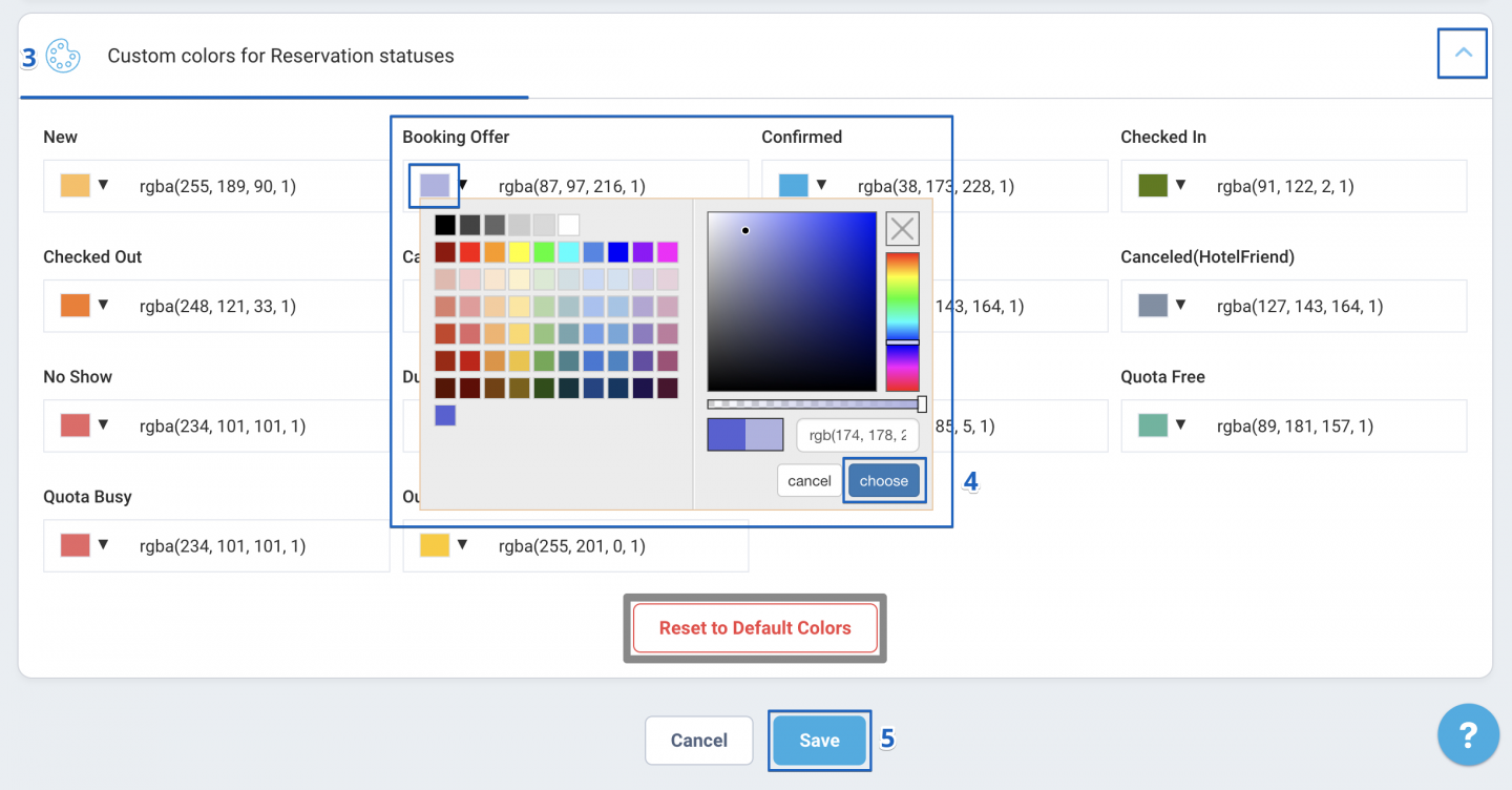 Scroll down and expand the section labeled Custom colors for Reservation statuses.