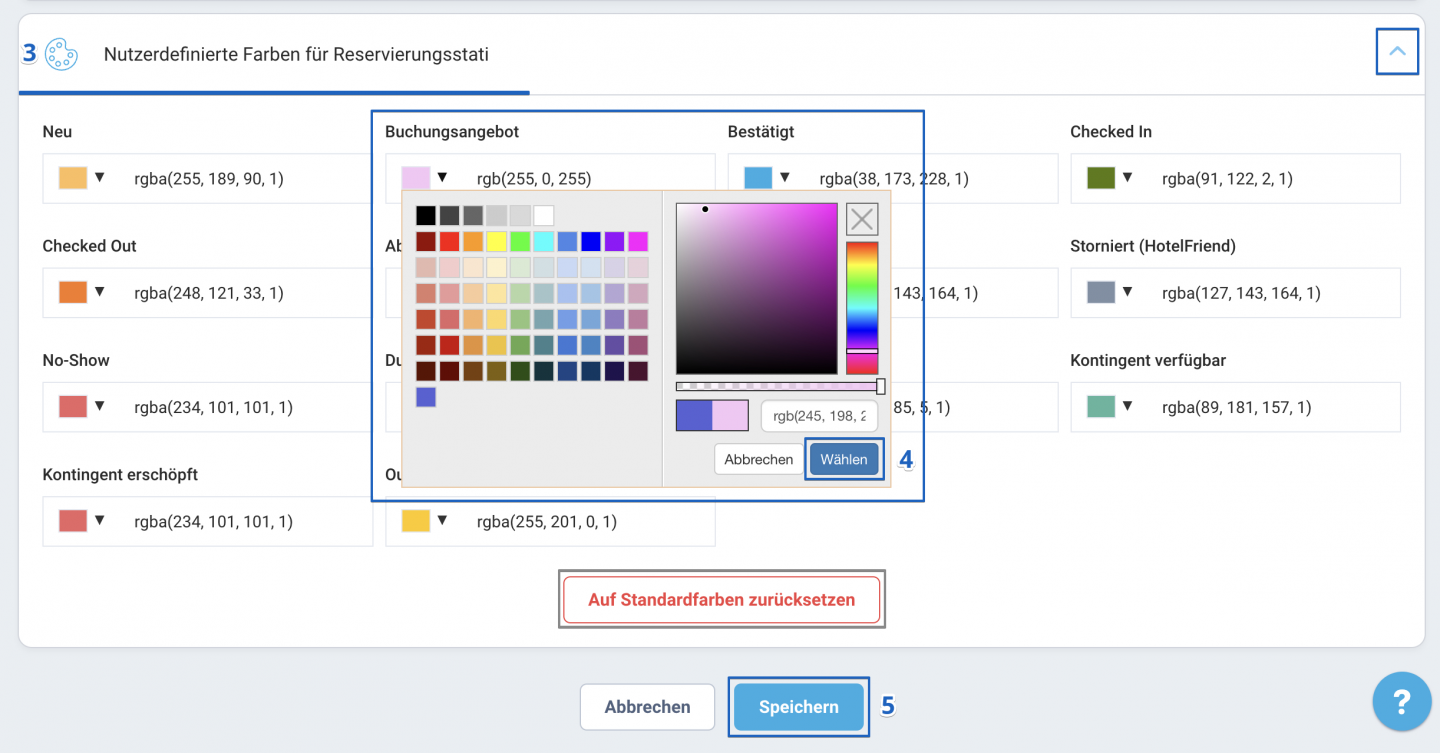 Wählen Sie für jeden Status eine Farbe aus, indem Sie auf das entsprechende Farbfeld klicken und Ihre Wunschfarbe festlegen.