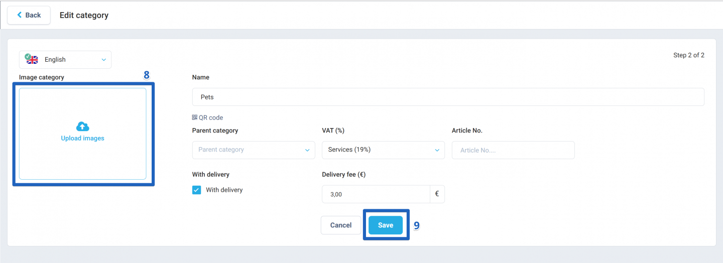 The next step is to upload a photo to the category by clicking on the Upload images button. Click on the Save button.