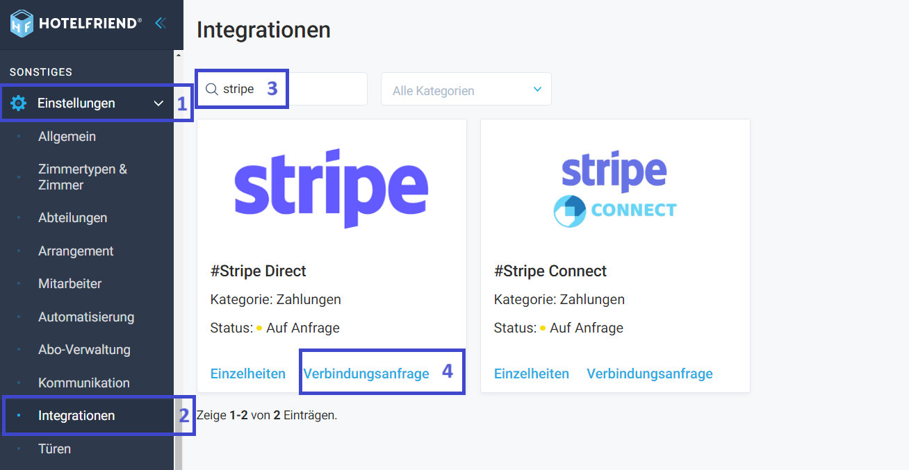 Klicken Sie auf der Kachel Stripe Direct auf „Einstellungen“.