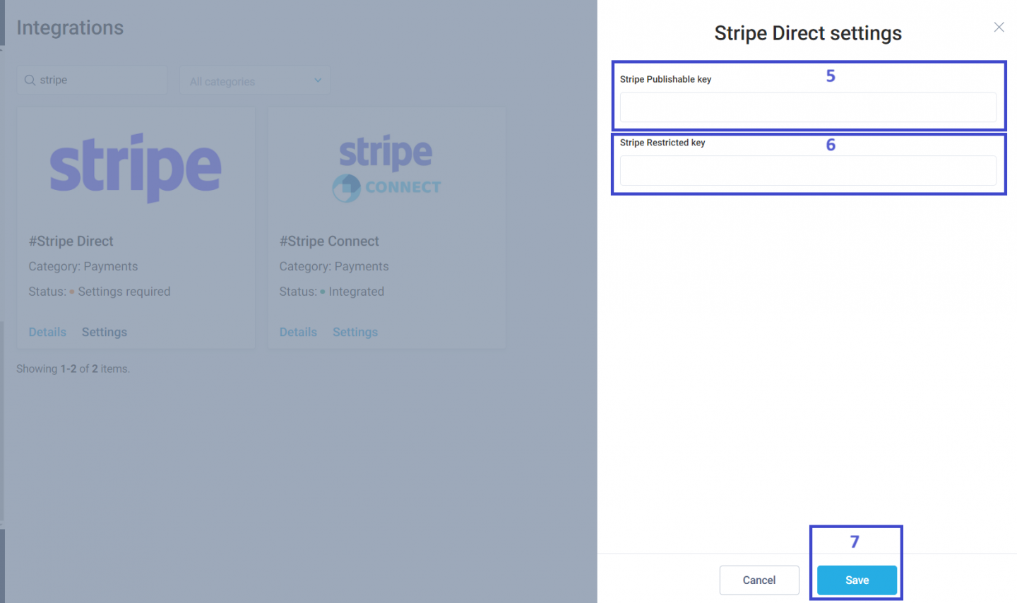 Then, copy your Stripe Restricted key and paste it into the second field.