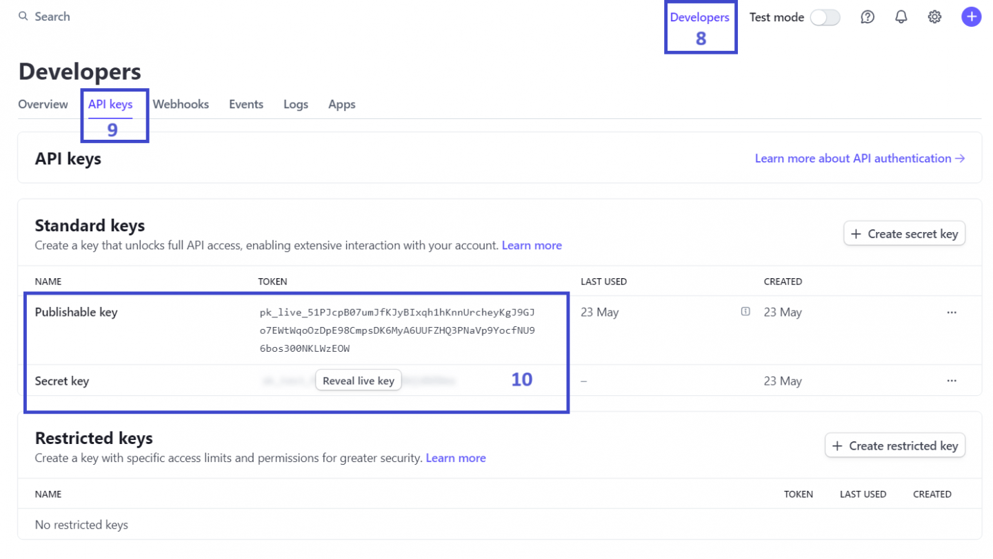 When you Reveal live key of the Secret Key property. During Stripe verification, you may need to confirm your identity using the method you chose during registration.